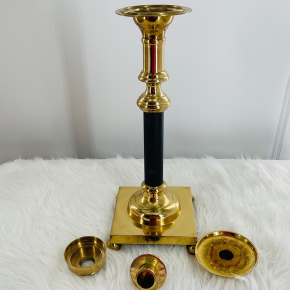 Elegant Large Lacquered Brass & Black Metal Candle Holder